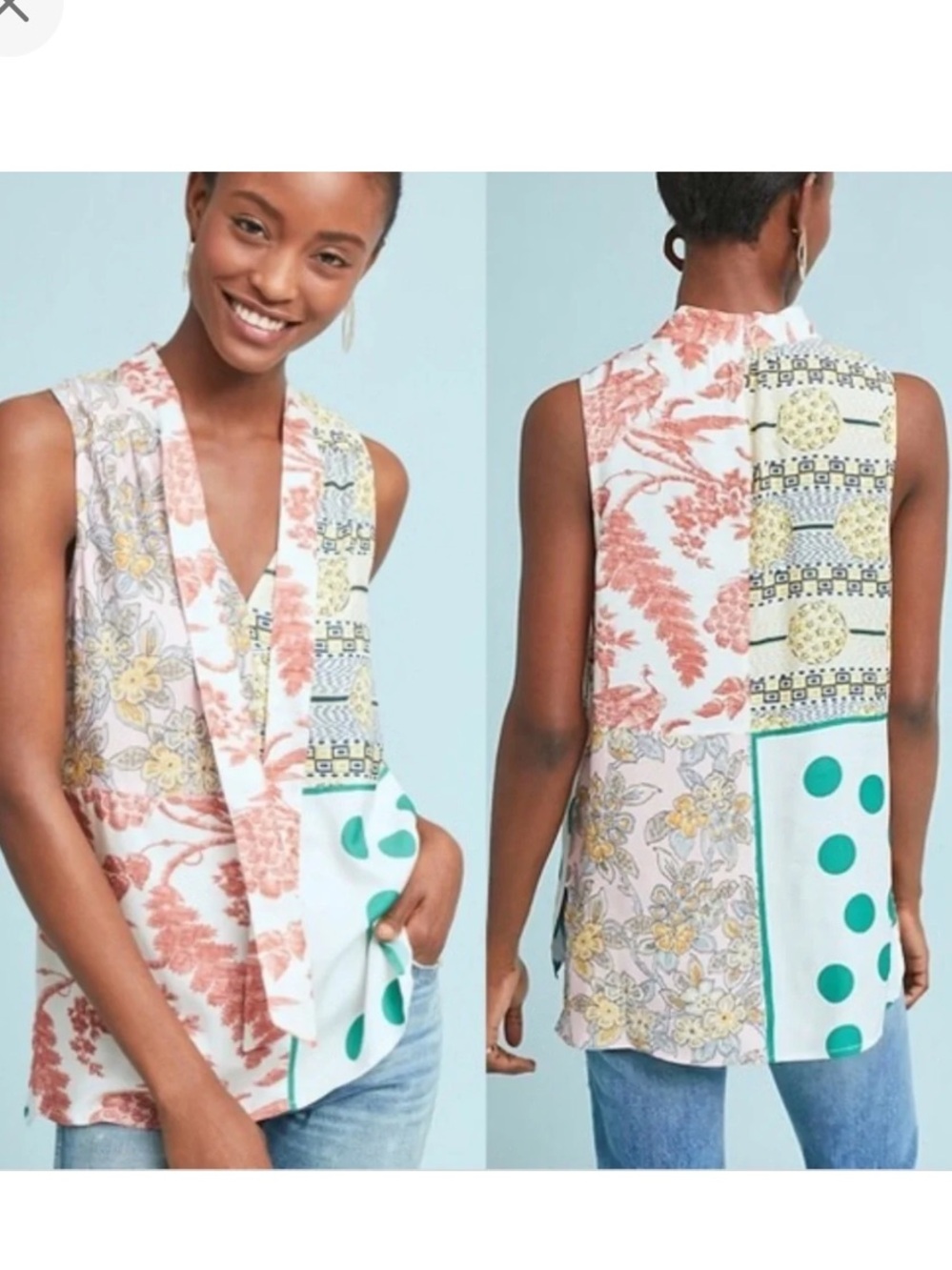 Anthropologie Moulinette Sours Venezia patchwork tie-neck sleeveless blouse XS